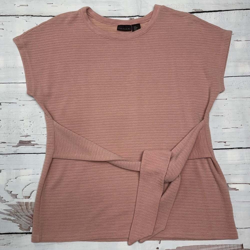 Tahari Womens Medium Dusty Rose Ribbed Short Sleeve Tie Waist Knit Top Blouse